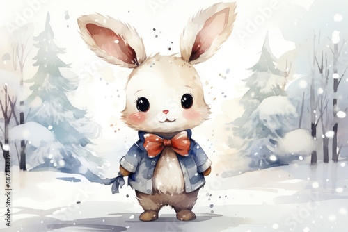  a watercolor painting of a rabbit wearing a bow tie and standing in front of a snowy forest with pine trees and snow falling down on it's ground.