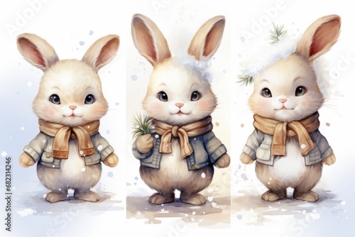  two pictures of a white rabbit wearing a scarf and a scarf around its neck, and another picture of a white rabbit wearing a scarf and scarf around its neck.