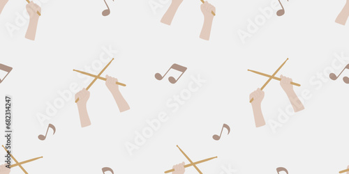 Drummer hands with Drumsticks and Musical notes seamless pattern. Vector Flat style template for Wrapping paper, Packaging, Wallpaper. Music concept background. Isolated on white elements