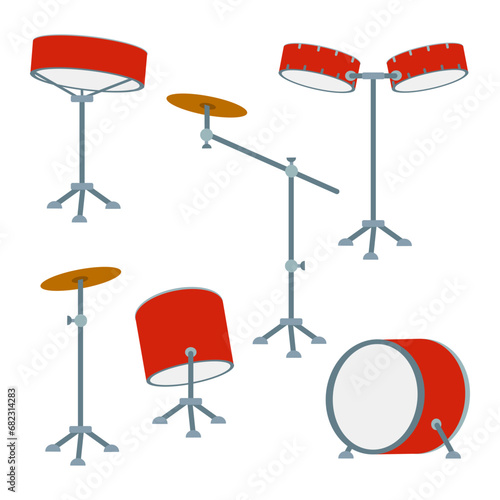 Set of Drums. Vector percussion instruments in flat style. Various classical orchestral Rhythm equipment for concert. Cartoon graphic design element, logo, sticker pack. Isolated on white illustration