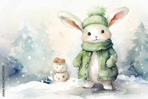  a watercolor painting of a rabbit in a green coat next to a snowman in a snowy forest with trees and a snowball in the foreground, and a snowball in the foreground.
