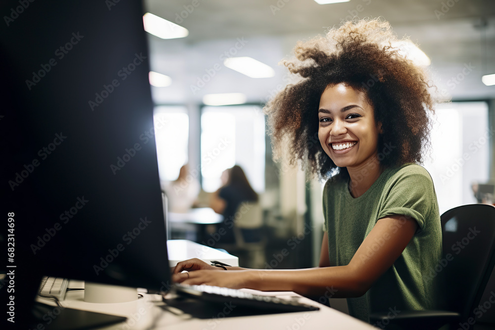black woman in a green shirt working at a computer desk, with others in the background, in an office setting, ai generative - obrazy, fototapety, plakaty 