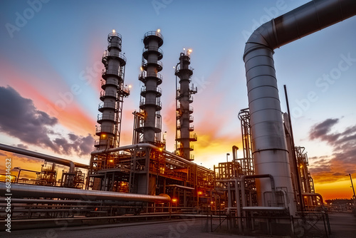 oil refinery at sunset, with a dramatic sky and industrial pipes and towers illuminated by the setting sun, ai generative photo