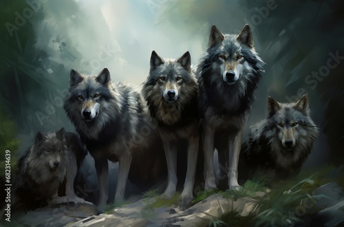 Fierce Group wolfs. Nature forest dog. Generate Ai