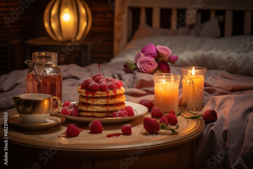 A surprise breakfast in bed prepared with love, bringing warmth to the start of Valentine's Day. Generative Ai.