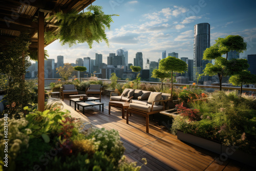 A lush rooftop garden providing a tranquil space for urban dwellers to connect with nature and practice mindful gardening. Concept of urban green living. Generative Ai.