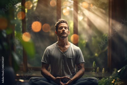 A person practicing mindful breathing exercises in a quiet space, promoting relaxation and stress reduction. Concept of conscious breathwork. Generative Ai. photo