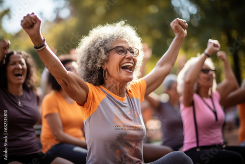 A joyful laughter yoga session in a community park, combining laughter and deep breathing for a unique form of exercise. Concept of laughter-infused fitness. Generative Ai. © Sebastian
