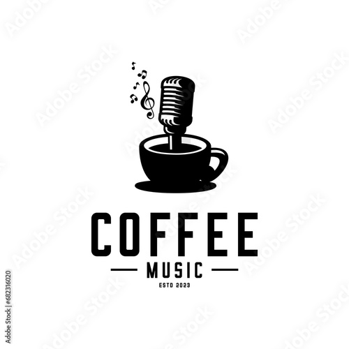 vector cup of coffee, microphone and music tone, cafe music logo
