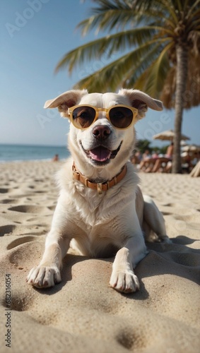 A Canine Paradise: A Sunny Day at the Beach with a Stylish Dog © Matias