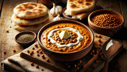 A realistic photograph of Dal Makhani, showcasing a bowl of creamy lentil curry garnished with cream and butter, accompanied by Indian breads.