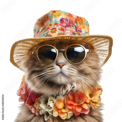 Portrait of cat wearing hat and sunglasses, dressed for the upcoming summer, on white background