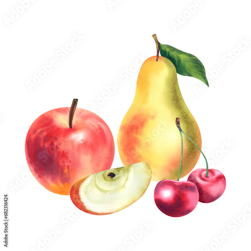Pear, cherry and apple. Set. Watercolor illustration, Juicy fruits. Healthy baby food. Template, stickers, printing.