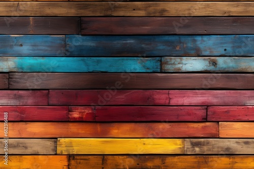  a close up of a multicolored wooden wall with a red, yellow, blue, and green stripe on the bottom half of the wall and bottom half of the wall.