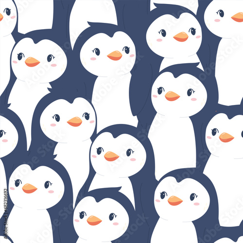 arctic seamless pattern with cute cartoon penguins. Can be used for fabric, wrapping paper, scrapbooking, textile, poster, banner and other christmas design. Flat style. Kawaii design