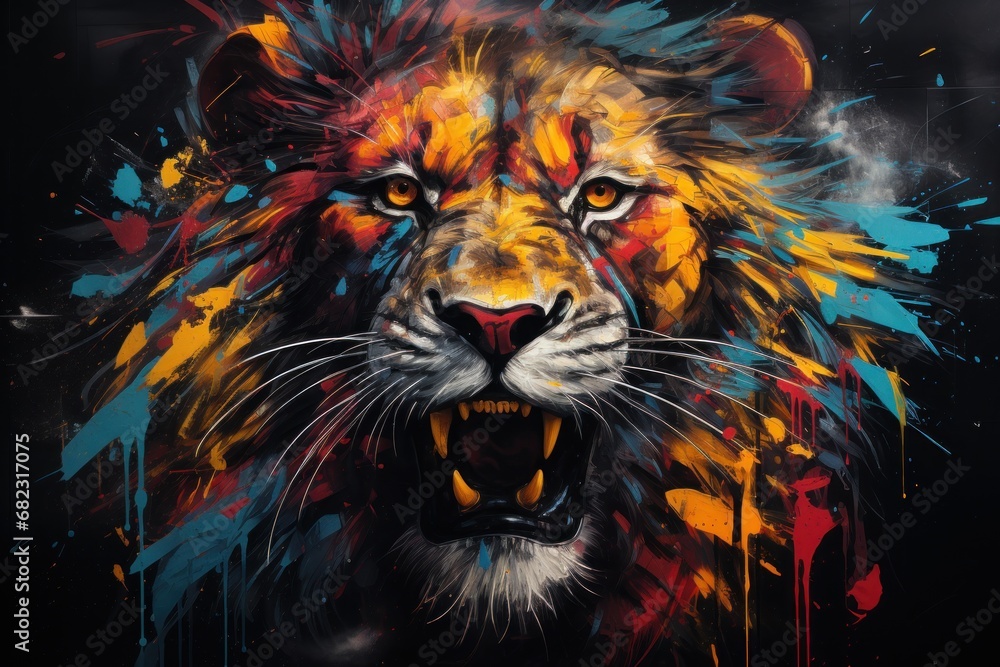  a close up of a lion's face with it's mouth open and it's teeth painted with multicolored paint splats on a black background.