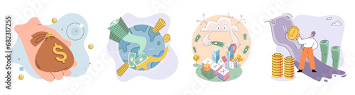 Global economy vector illustration. Research and statistics illuminate path through complex landscape global finance Wealth creation in global context necessitates meticulous accounting for Wealth