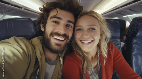 Happy young couple sitting on a plane By the window, bright sunlight Traveling during the holidays