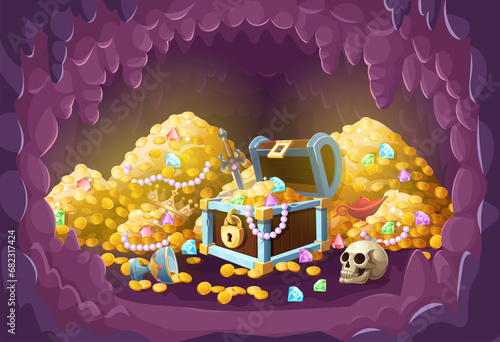 Cave with heaps of gold. Cave with stalactites, stalagmites, gold treasure piles, open chest with coins, crown, crystals, gems, cup, beads, sword, skull. Gold treasure.