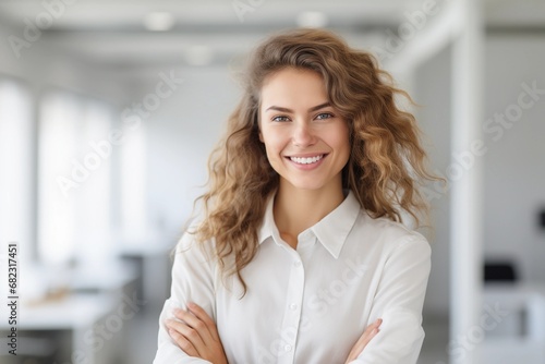 Smiling young woman with blond curly hair in a white blouse in the office, copy space photo