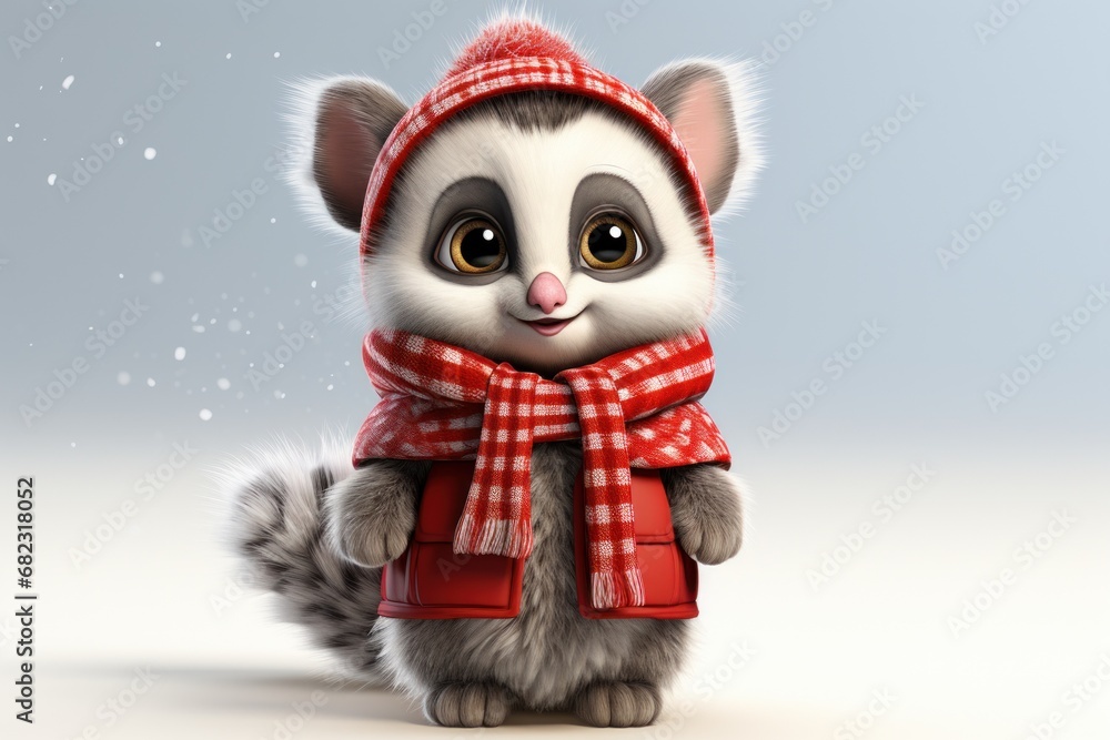 a cute little racoon wearing a red scarf and a red and white scarf around its neck and a red and white scarf around its neck, sitting on a white surface. a cute little racoon wearing a red scarf and a red and white scarf around its neck and a red and white scarf around its neck, sitting on a white surface.
