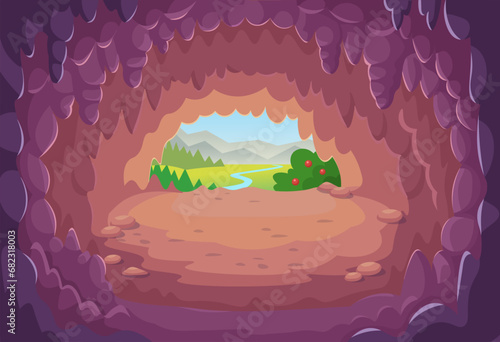 Cave. Exit from the cave. Fantasy cave with stalactites, stalagmites, stalagnates.