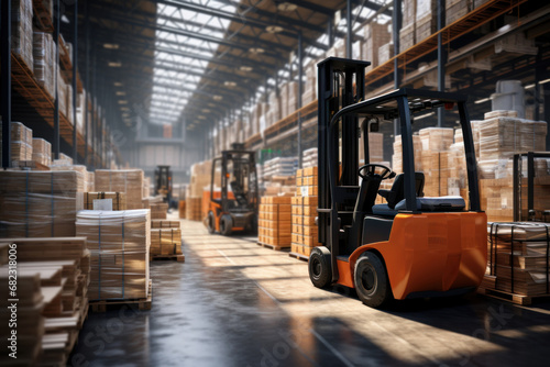 Forklifts navigating through a bustling warehouse, strategically organizing and transporting raw materials and finished goods. Concept of warehouse logistics. Generative Ai. © Sebastian