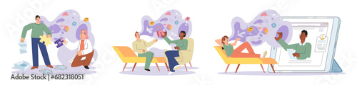 Mental health vector illustration. Therapy and counseling provide professional support for individuals facing mental health difficulties Care and understanding from loved ones contribute to persons