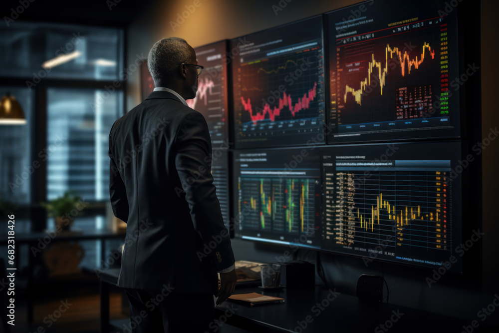 A focused analyst studying complex financial charts, deciphering trends and patterns to make informed investment recommendations. Concept of data-driven financial analysis. Generative Ai. A focused analyst studying complex financial charts, deciphering trends and patterns to make informed investment recommendations. Concept of data-driven financial analysis. Generative Ai.