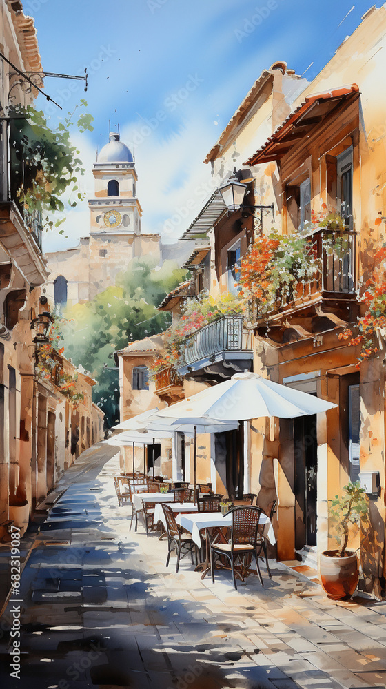 Watercolor Style Illustration of a European Village