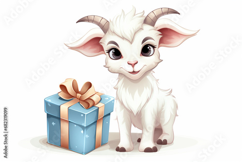 cartoon character of a goat cute holding gift box