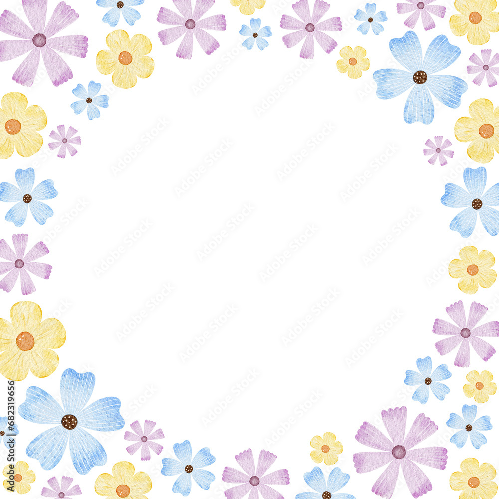 Blue, purple and yellow wildflowers. Round wreath of simple flowers. Watercolor isolated illustration. For the design of postcards for Easter, birthday, International Women's Day