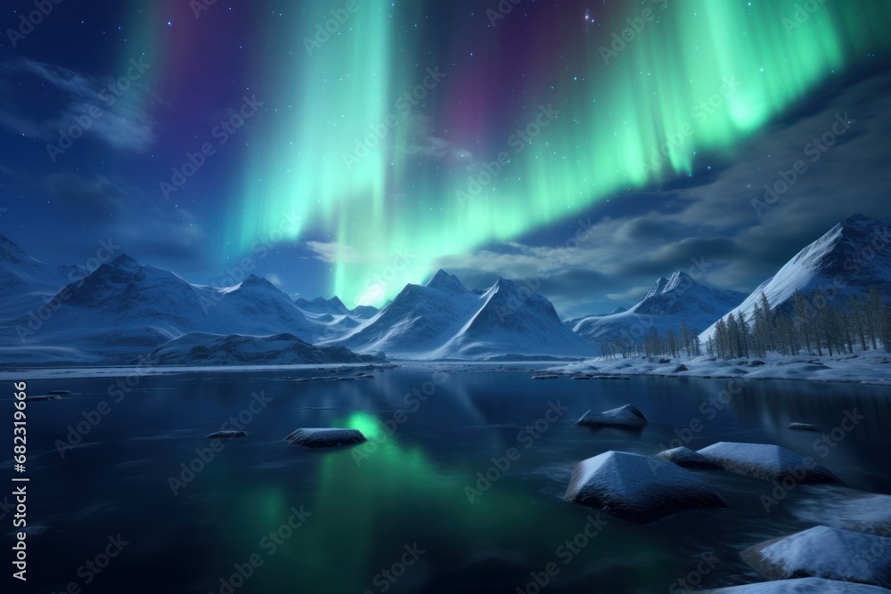  a green and purple aurora bore in the sky over a body of water with snow covered mountains in the foreground and a lake in the foreground with rocks in the foreground.