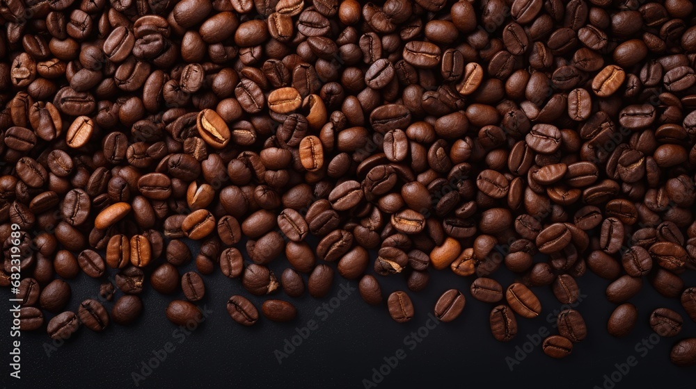 Obraz premium Coffee beans on dark background, top view