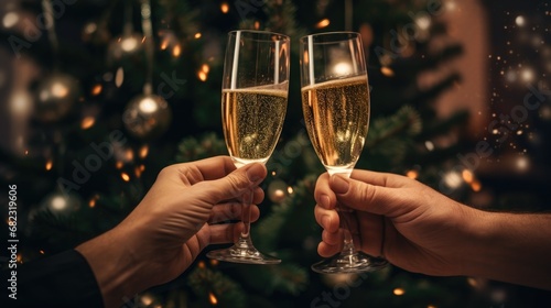 two hands holding glasses with champagne near Christmas tree. Celebrate Christmas