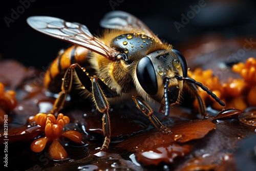  a close up of a bee with drops of water on it's face and wings, sitting on a surface with flowers and water droplets on it's surface.