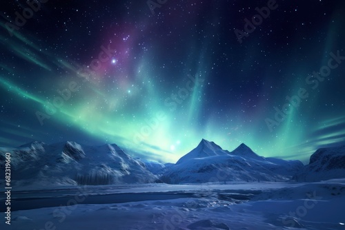  a view of a mountain range with a green and purple aurora bore in the sky above it and a lake in the foreground with snow and snow on the ground. © Nadia