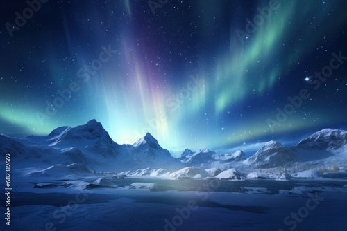  a view of a mountain range with a lot of snow on the ground and a lot of green and purple lights in the sky over the top of the mountains.
