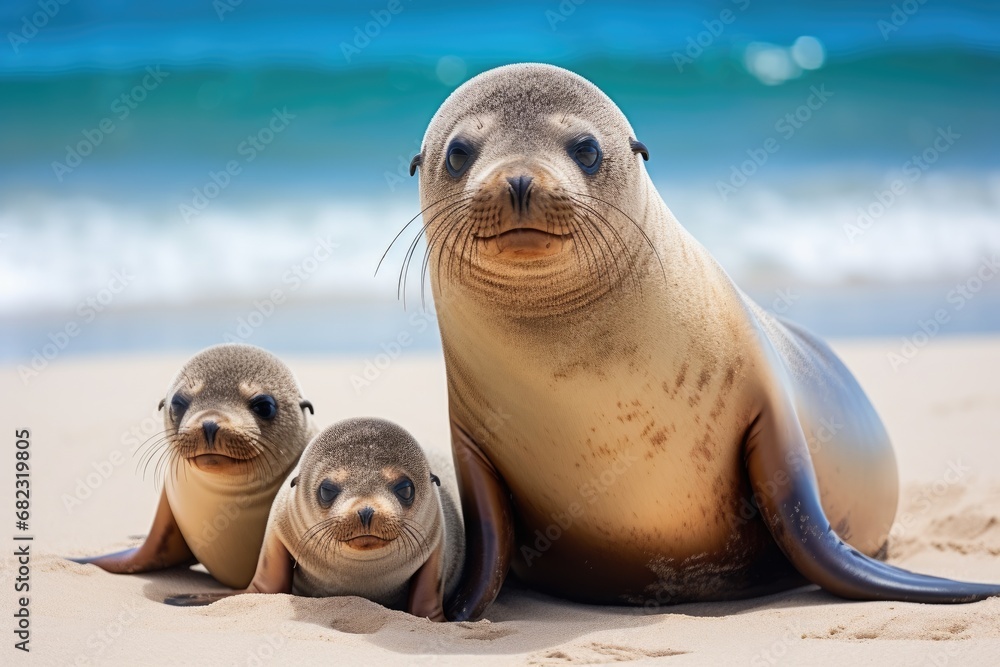 Fototapeta premium Sea Lion Family in sand lying on beach