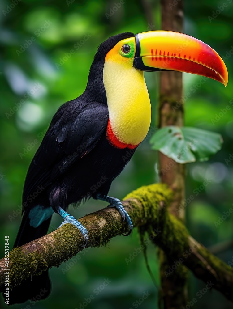 Toucan sitting on a branch in the rainforest. Generative AI Toucan sitting on a branch in the rainforest. Generative AI