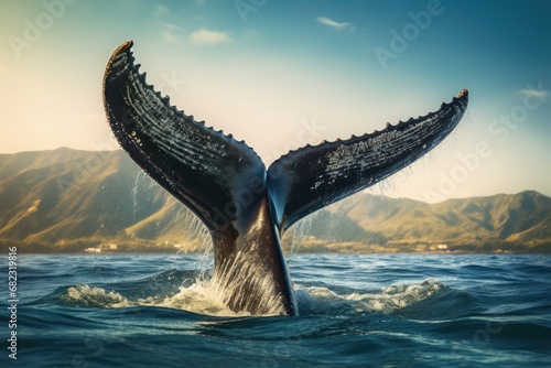 Tail fin of a whale on the surface of the ocean