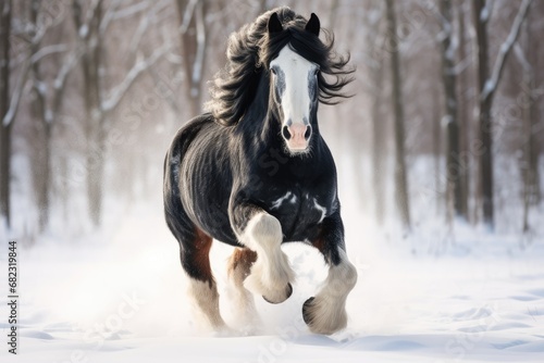 Horse gallop in snow in winter landscape