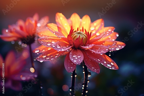  a close up of a flower with drops of water on it's petals and a blurry background of water droplets on it's petals and the petals.