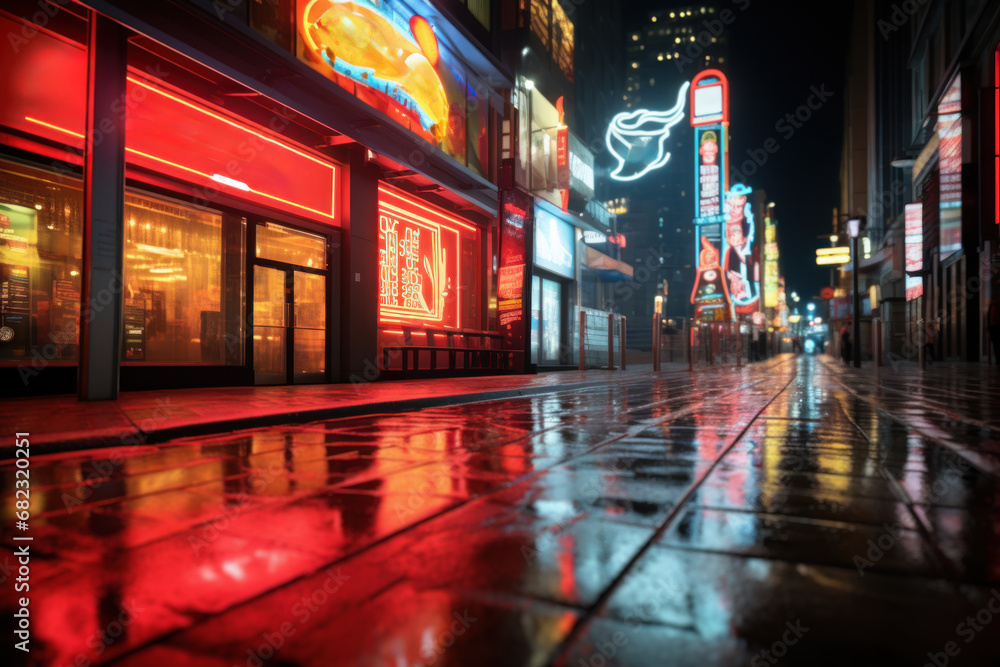 An illuminated neon sign on a city street, showcasing creative uses of electrical lighting. Generative Ai.