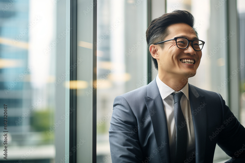The portrait of an Asian mature businessman in a tidy suit with glasses smiles and stands confidently in the hallway of a modern company. Generative AI. The portrait of an Asian mature businessman in a tidy suit with glasses smiles and stands confidently in the hallway of a modern company. Generative AI.