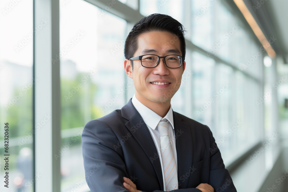 The portrait of an Asian mature businessman in a tidy suit with glasses smiles and stands confidently in the hallway of a modern company. Generative AI. The portrait of an Asian mature businessman in a tidy suit with glasses smiles and stands confidently in the hallway of a modern company. Generative AI.
