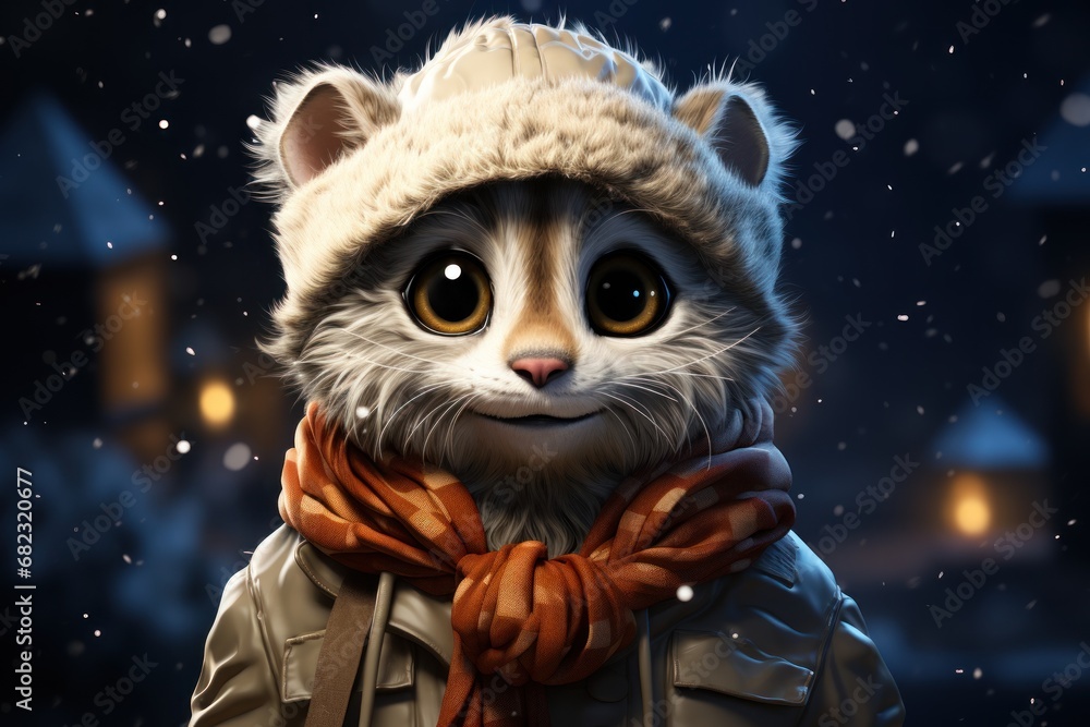 a painting of a raccoon wearing a hat and scarf with a scarf around it's neck and a scarf around its neck, in front of a snowy night sky with lights. a painting of a raccoon wearing a hat and scarf with a scarf around it's neck and a scarf around its neck, in front of a snowy night sky with lights.