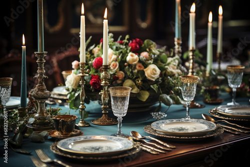 An elegantly adorned dining table set for a formal 18th-century dinner party, highlighting the art of table manners and etiquette. Generative Ai. photo