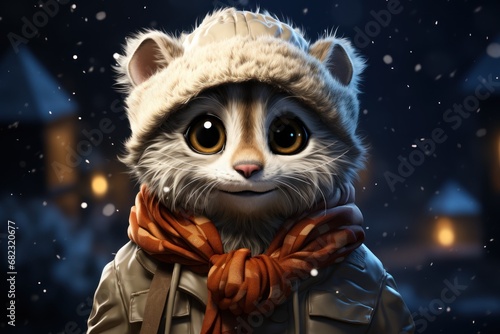  a painting of a raccoon wearing a hat and scarf with a scarf around it's neck and a scarf around its neck, in front of a snowy night sky with lights. © Nadia
