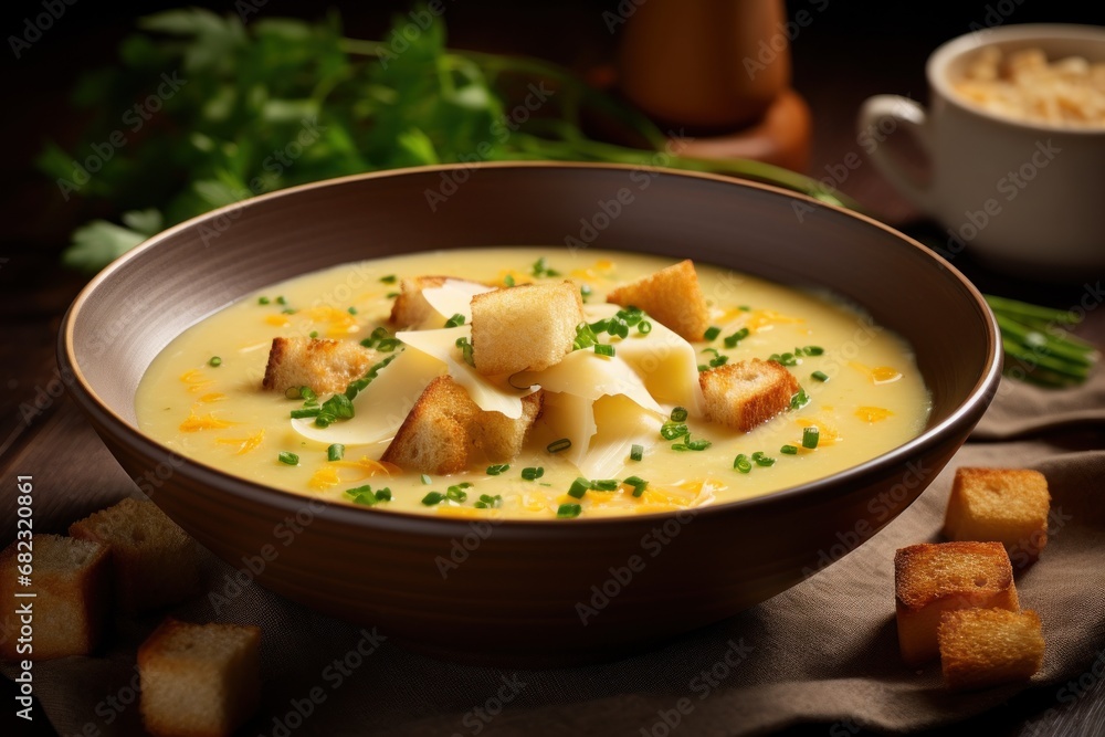 a bowl of soup with croutons and parsley on a wooden table next to a cup of soup and a plate of croutons on a table. a bowl of soup with croutons and parsley on a wooden table next to a cup of soup and a plate of croutons on a table.
